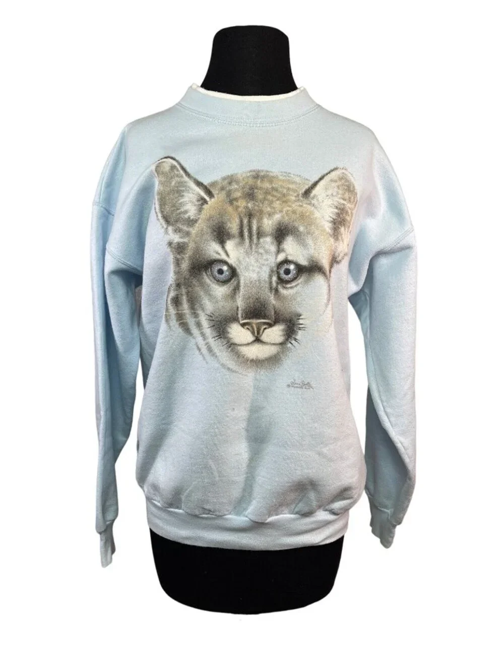 Vintage 80s Unisex Sweatshirt Cougar Graphic Light Blue Medium Cotton Blend Good - Picture 2 of 6